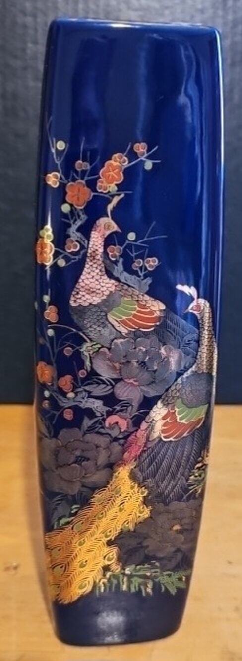 Vintage Porcelain Japan Cobalt Blue Square Vase 11" Peacock Floral